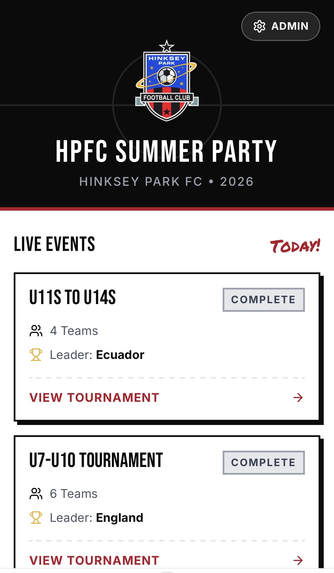 The Hinksey Park FC Summer Party tournament app home screen showing live events