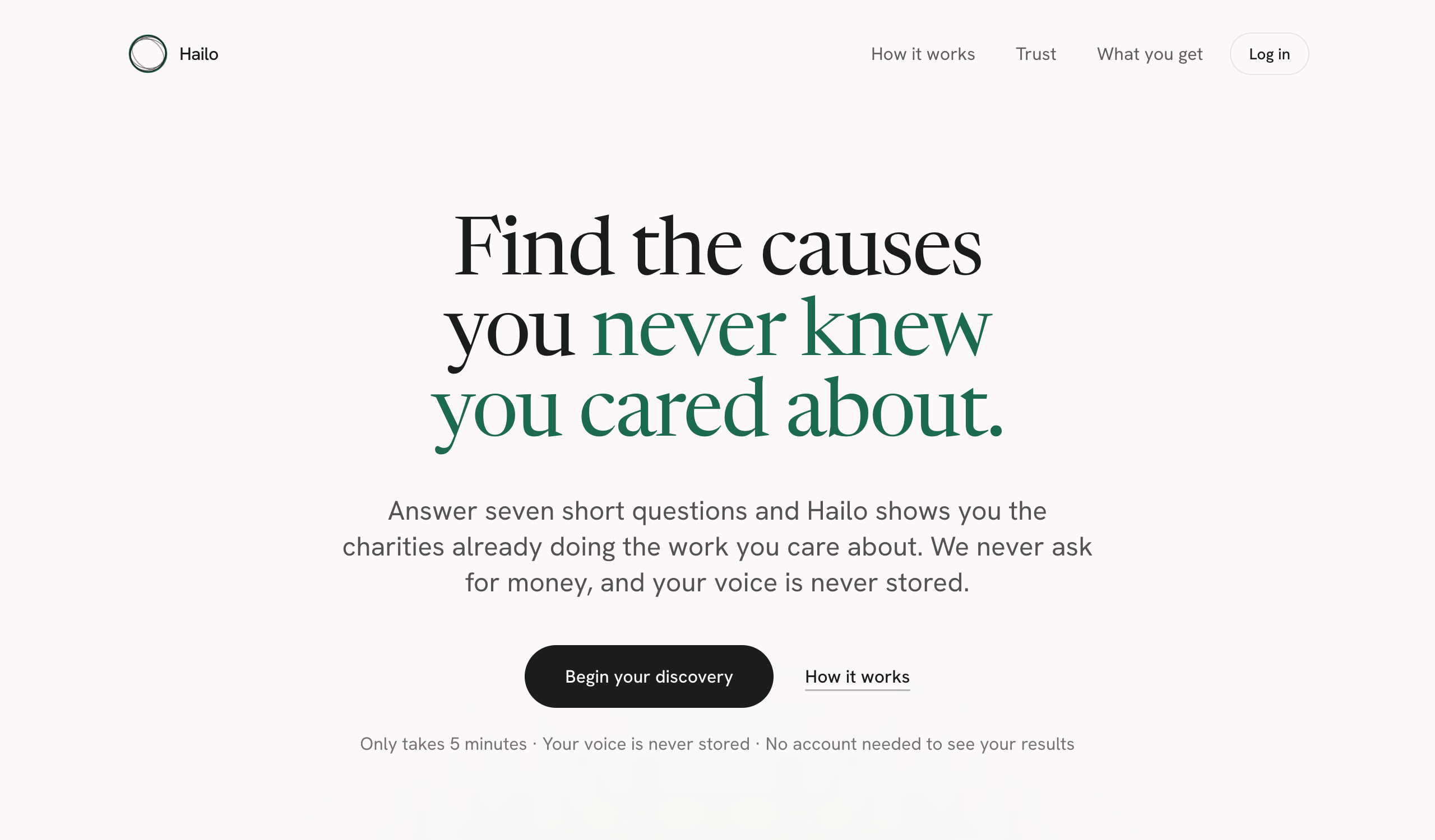The Hailo landing page with the headline find the causes you never knew you cared about.