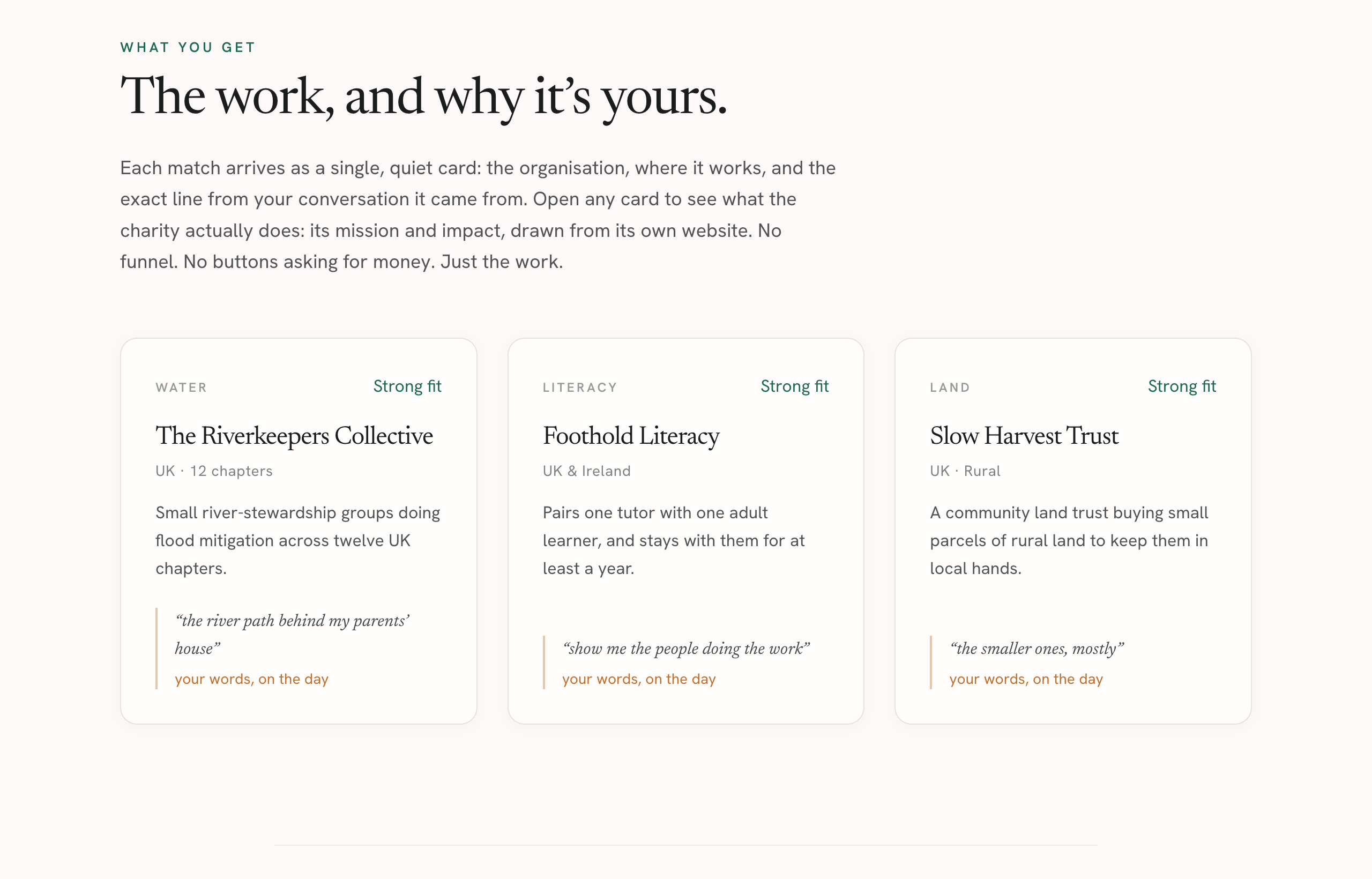 Charity match cards showing fit labels and quotes from the user's own conversation.