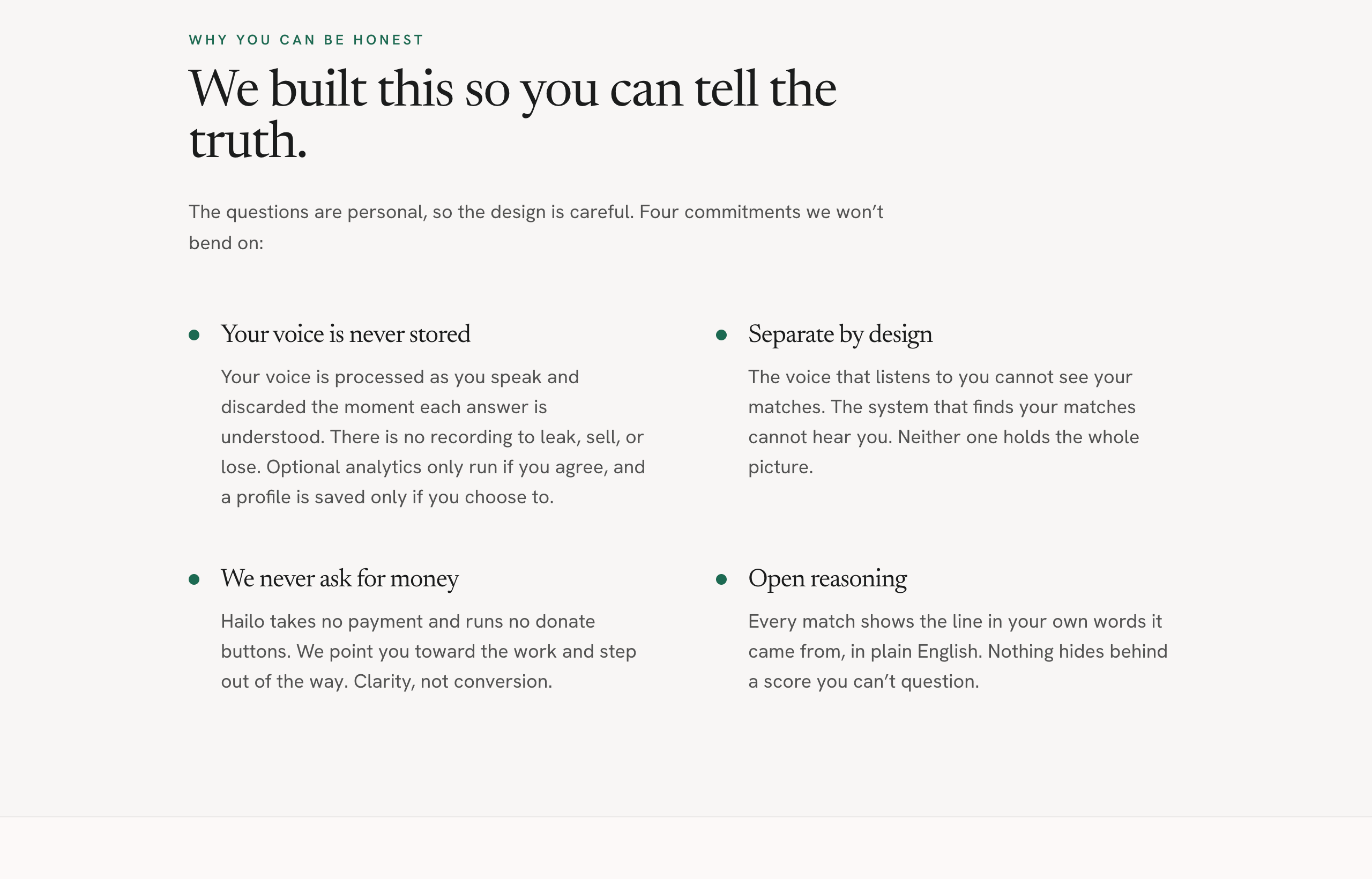 A Hailo section headed why you can be honest, listing four trust commitments.